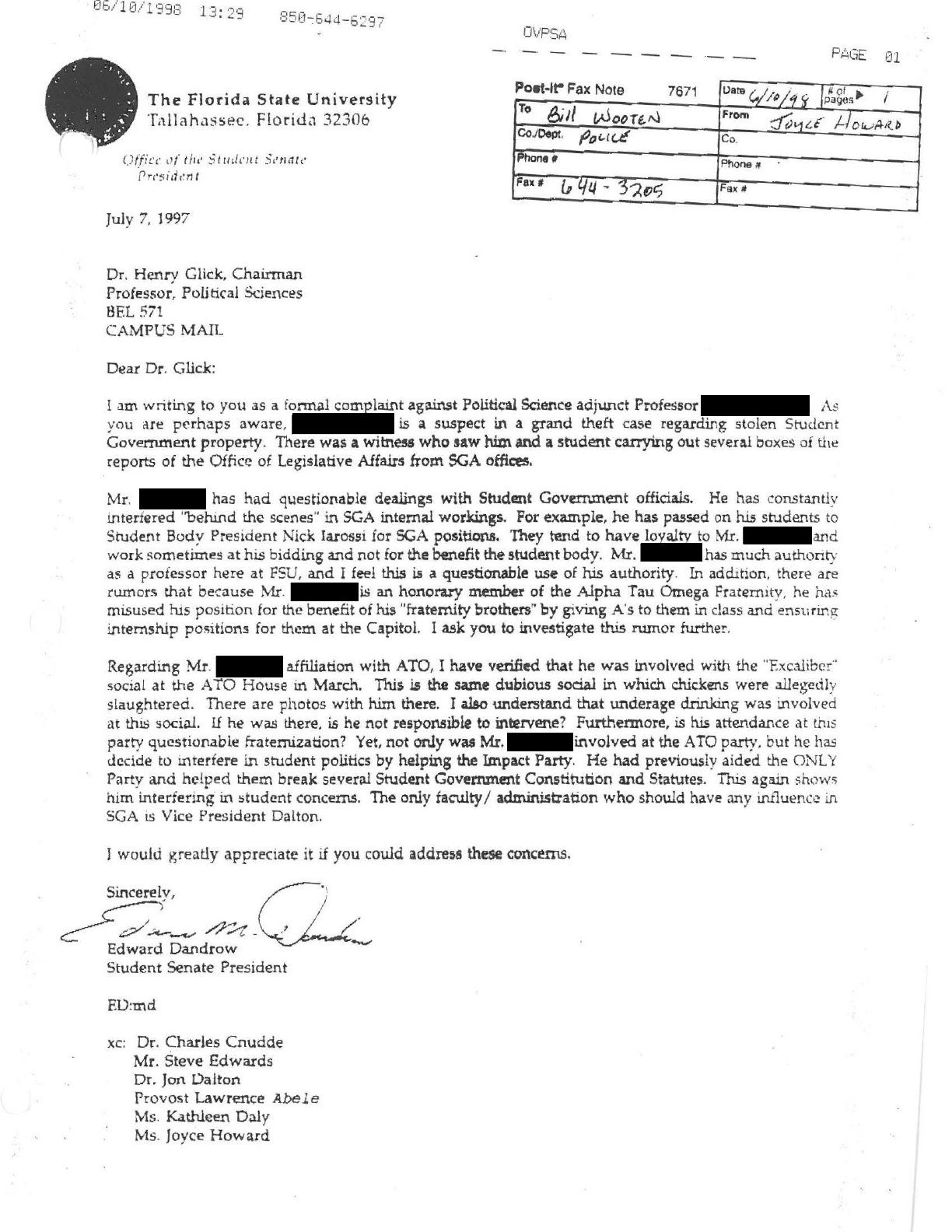 1997 July Letter from FSU Senate Pres