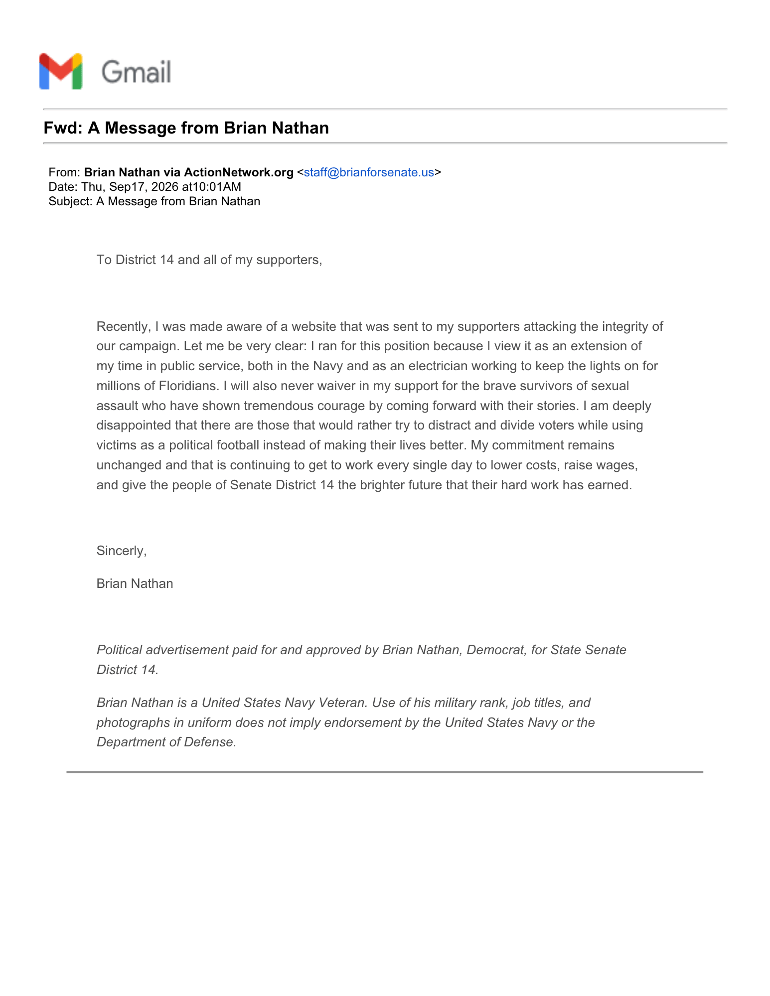 Sept 17 2026 Senator Brian Nathan Response